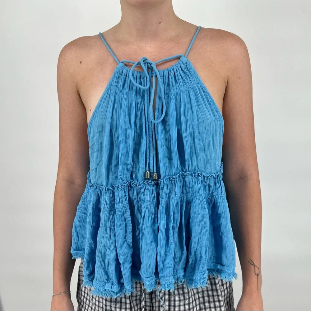Free People Blue Blackless Halter Top